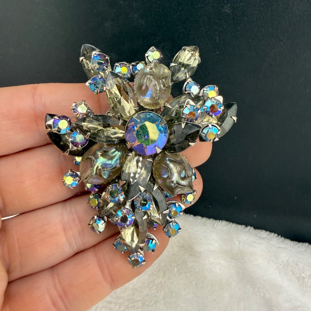 Vintage Estate Brooch Silver Smokey Aurora Borealis Rhinestone Floral Statement